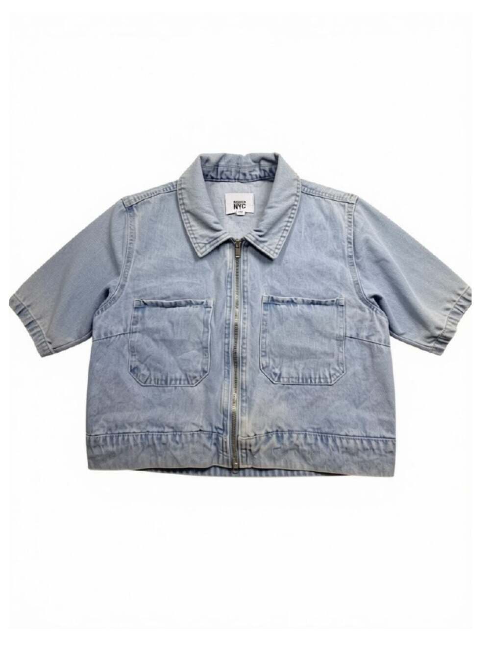 Madden NYC Short Sleeve Full Zip Cropped Denim Jacket Light Wash Size L